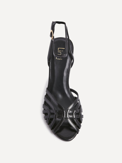 Eros Black Faux Leather Caged Heels