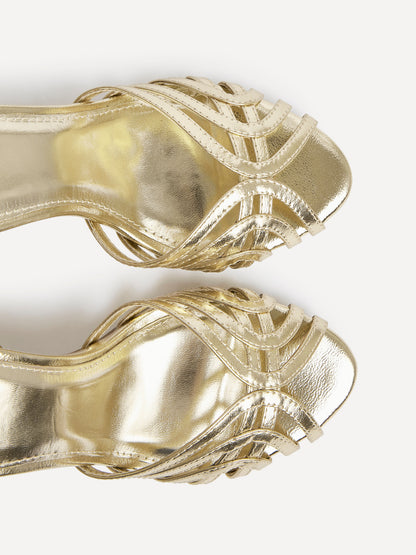 Eros Gold Faux Leather Caged Heels