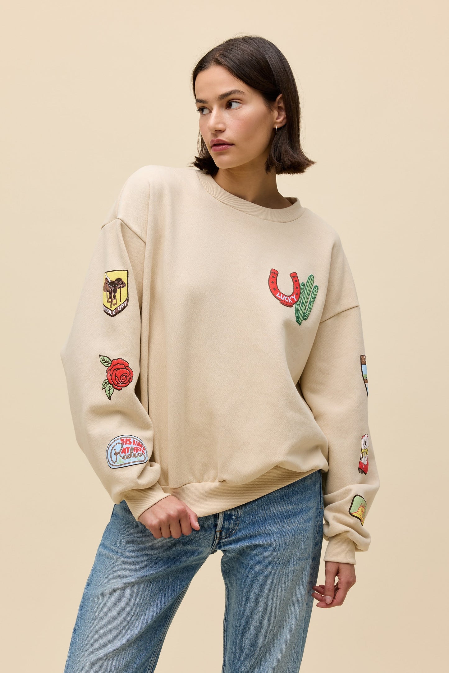 western patches oversized crew sweatshirt