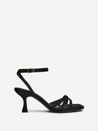 Faro Black Faux Suede Strappy Heeled Sandals