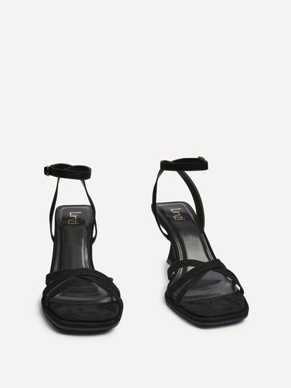 Faro Black Faux Suede Strappy Heeled Sandals