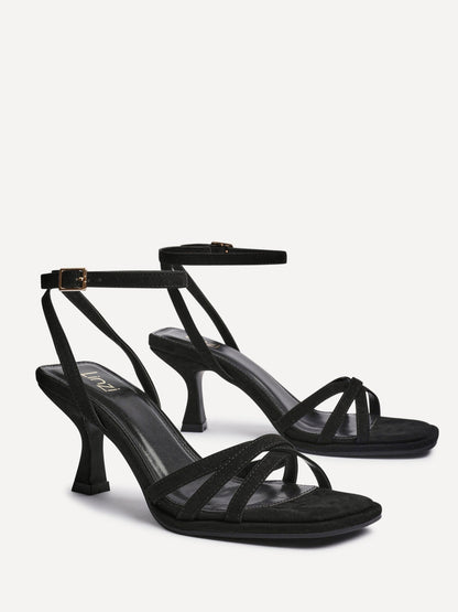 Faro Black Faux Suede Strappy Heeled Sandals