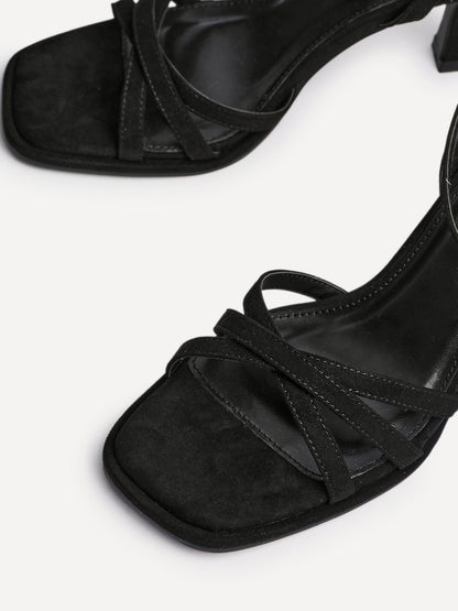 Faro Black Faux Suede Strappy Heeled Sandals