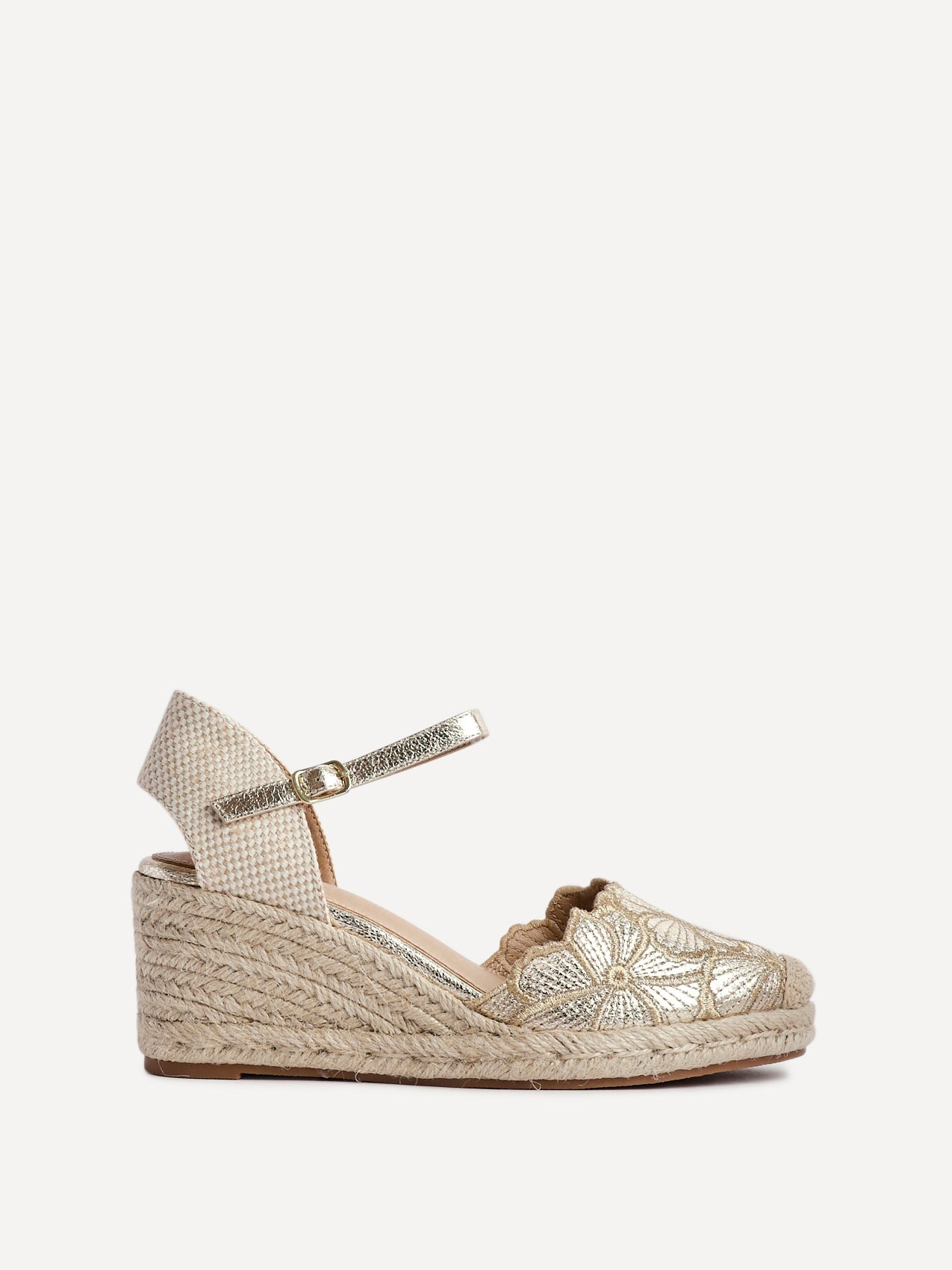 Florentina Gold Floral Embroidered Wedges