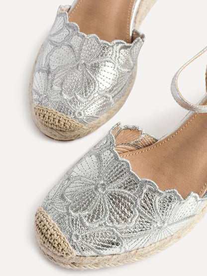 Florentina Silver Floral Embroidered Wedges