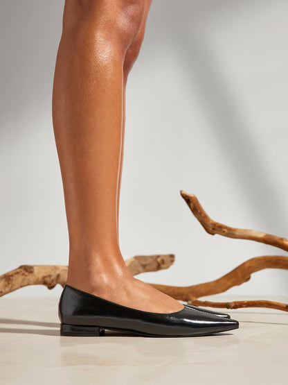 Focus Black Faux Leather Pointed Toe Ballet Flats