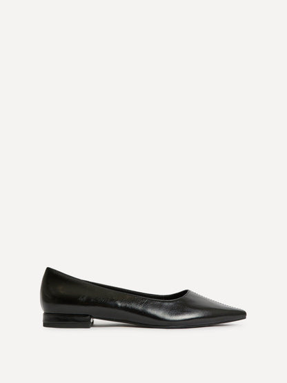 Focus Black Faux Leather Pointed Toe Ballet Flats