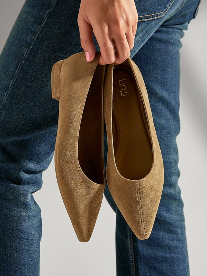 Focus Camel Faux Suede Pointed Toe Ballet Flats
