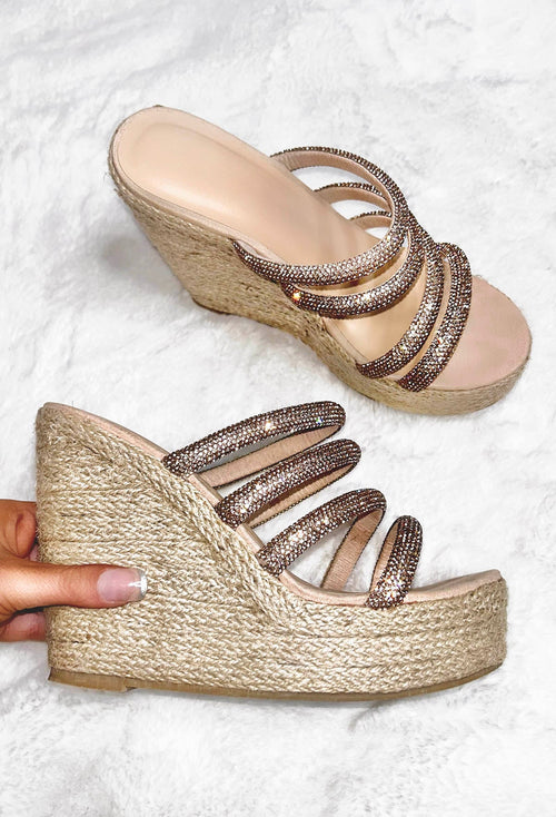 Beach Bliss Rose Gold Diamante Mule Wedges
