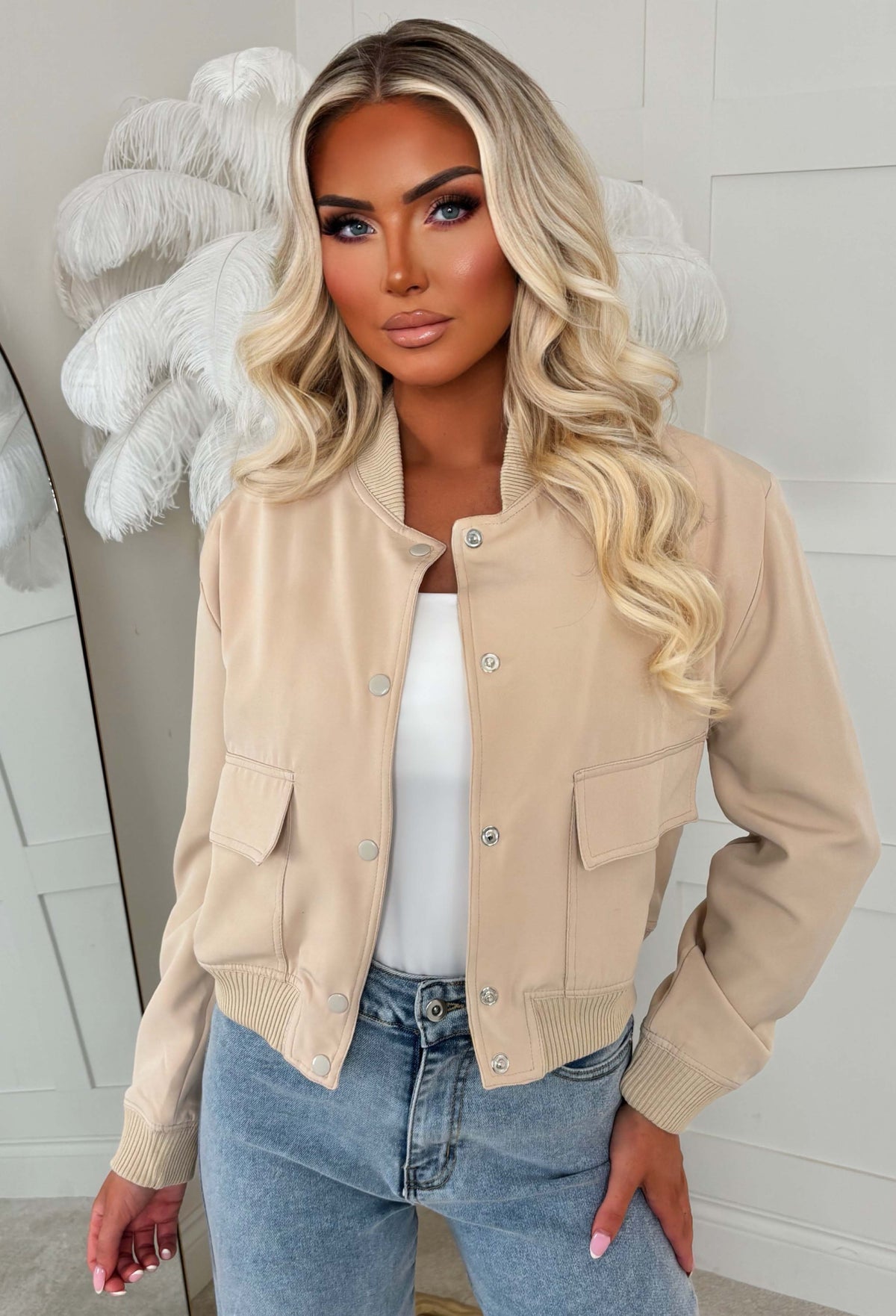 Essential Icon Beige Cropped Bomber Jacket