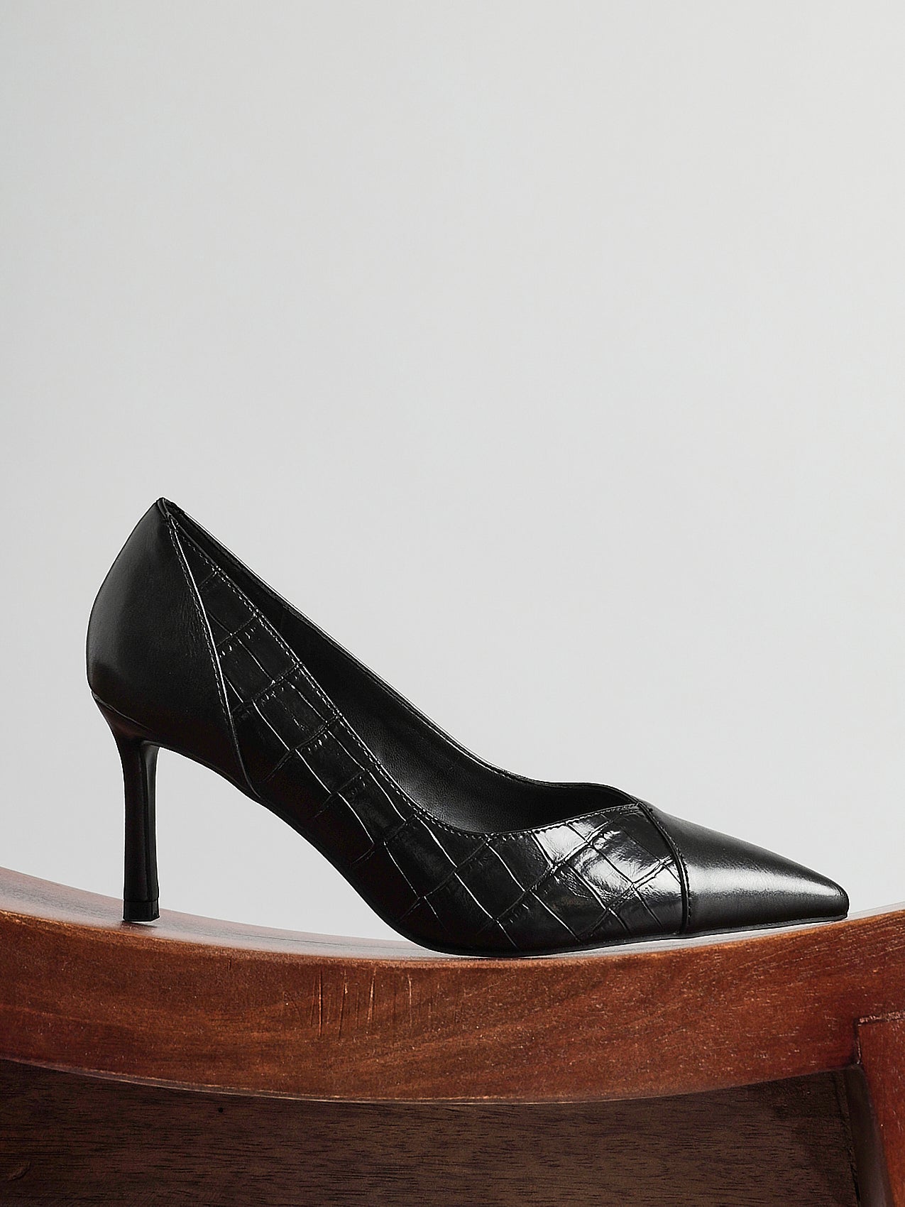 Gaia Black Faux Leather Mix Croc Court Heels