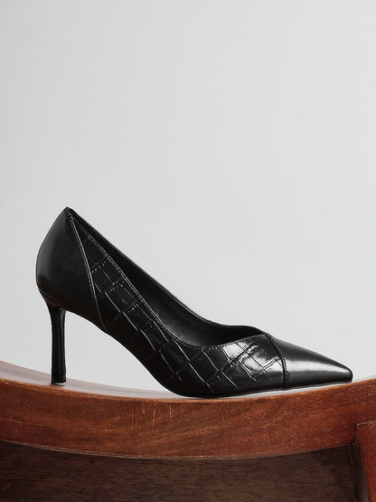 Gaia Black Faux Leather Mix Croc Court Heels