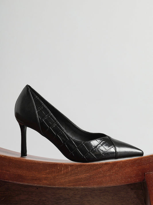 Gaia Black Faux Leather Mix Croc Court Heels