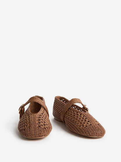 Genova Tan Handwoven Mary Jane Flats