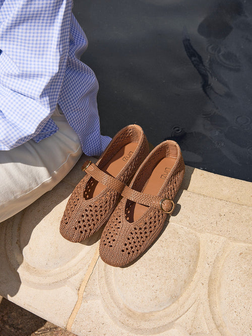 Genova Tan Handwoven Mary Jane Flats