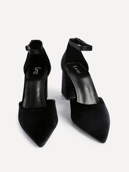 Glam Black Velvet Block Court Heels