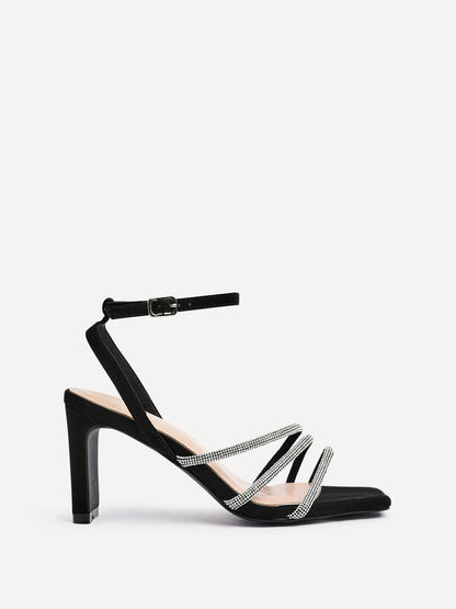 Glimmer Black Faux Suede Diamante Block Heels