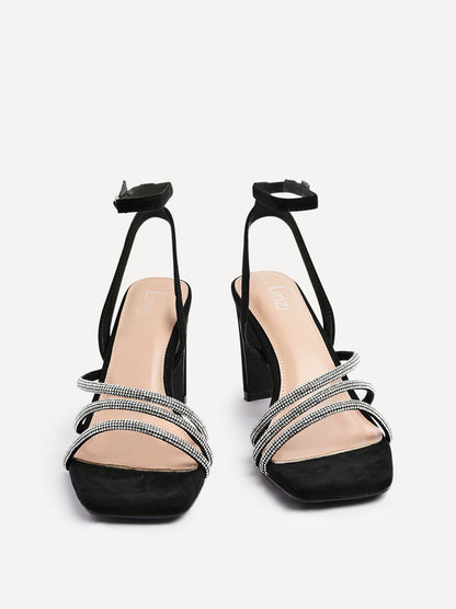 Glimmer Black Faux Suede Diamante Block Heels