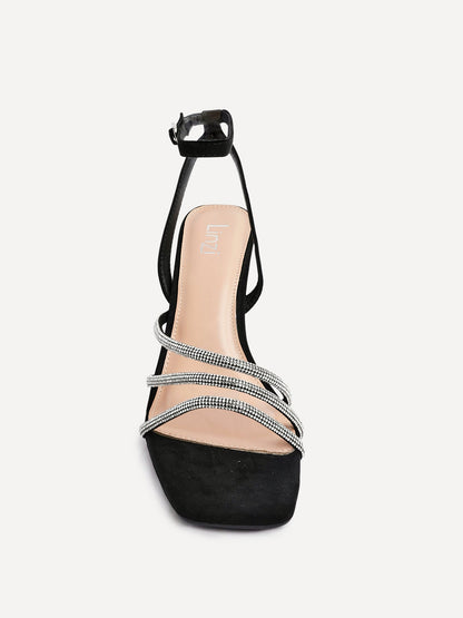 Glimmer Black Faux Suede Diamante Block Heels