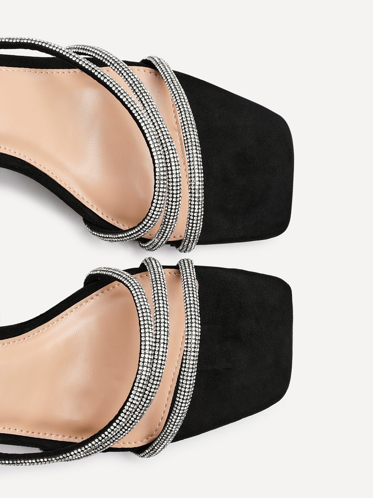 Glimmer Black Faux Suede Diamante Block Heels