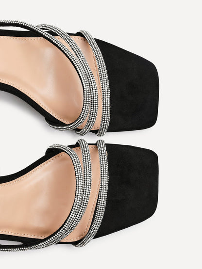 Glimmer Black Faux Suede Diamante Block Heels