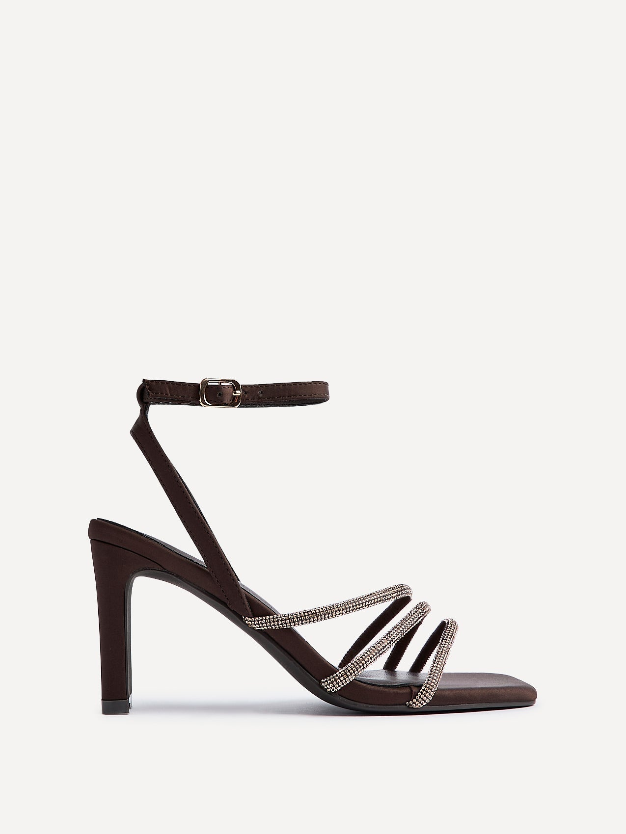 Glimmer Brown Satin Diamante Block Heels