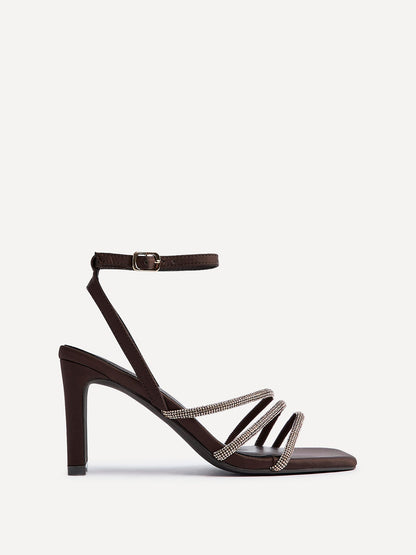 Glimmer Brown Satin Diamante Block Heels