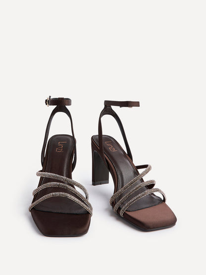 Glimmer Brown Satin Diamante Block Heels