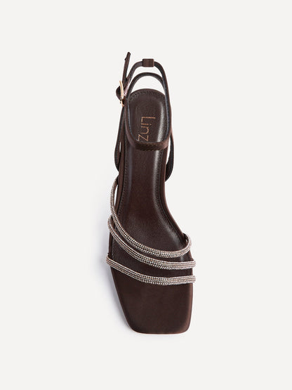 Glimmer Brown Satin Diamante Block Heels