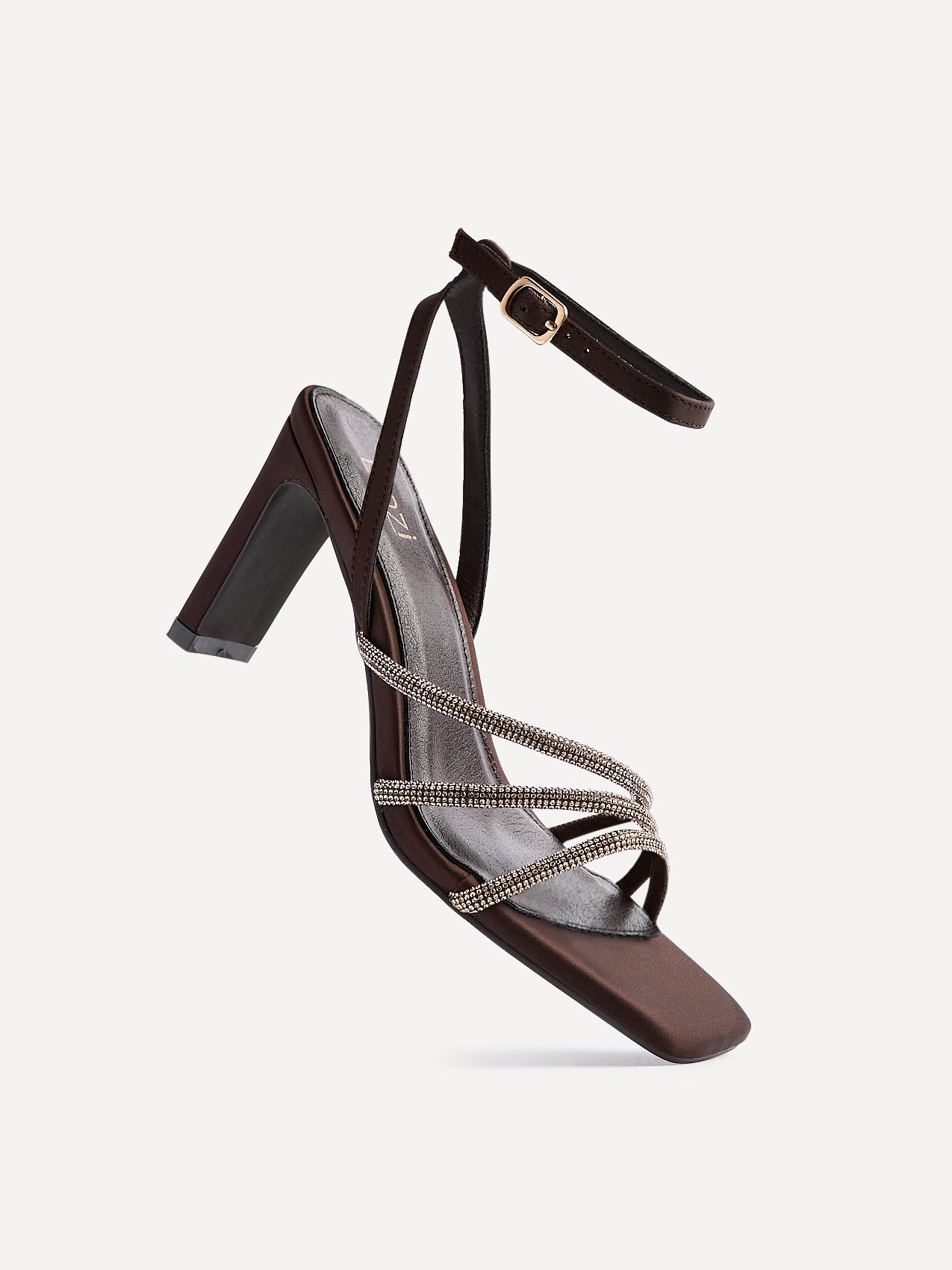 Glimmer Brown Satin Diamante Block Heels