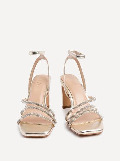 Glimmer Gold Faux Leather Diamante Block Heels