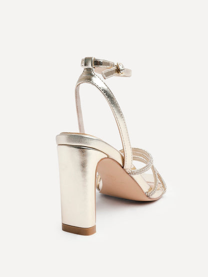 Glimmer Gold Faux Leather Diamante Block Heels