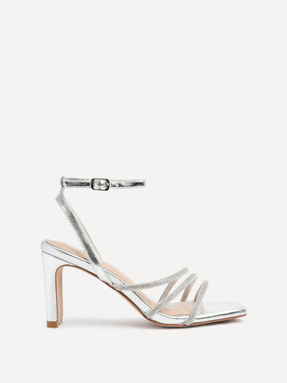 Glimmer Silver Faux Leather Diamante Block Heels