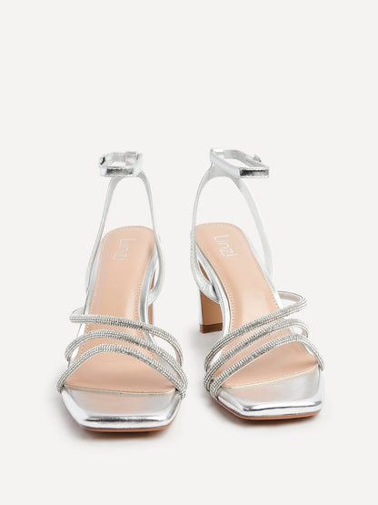 Glimmer Silver Faux Leather Diamante Block Heels