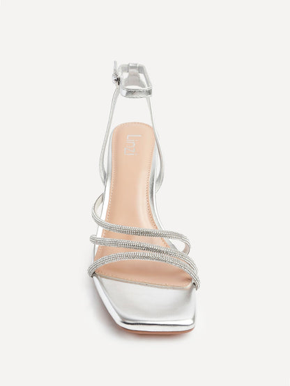 Glimmer Silver Faux Leather Diamante Block Heels