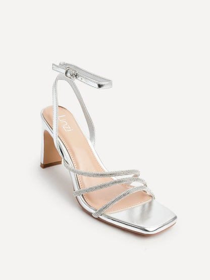 Glimmer Silver Faux Leather Diamante Block Heels
