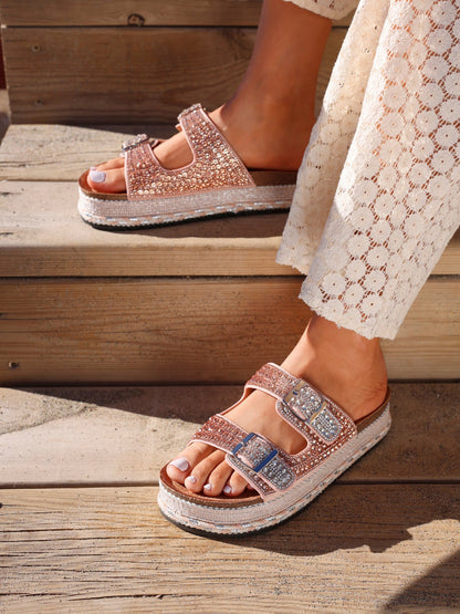 Glitzy Rose Gold Diamante Flatform Slider Sandals