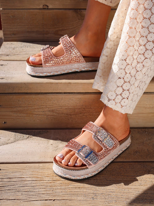 Glitzy Rose Gold Diamante Flatform Slider Sandals
