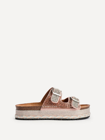 Glitzy Rose Gold Diamante Flatform Slider Sandals
