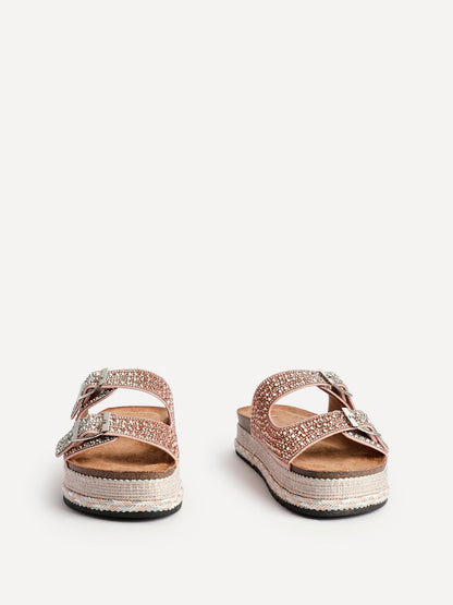 Glitzy Rose Gold Diamante Flatform Slider Sandals