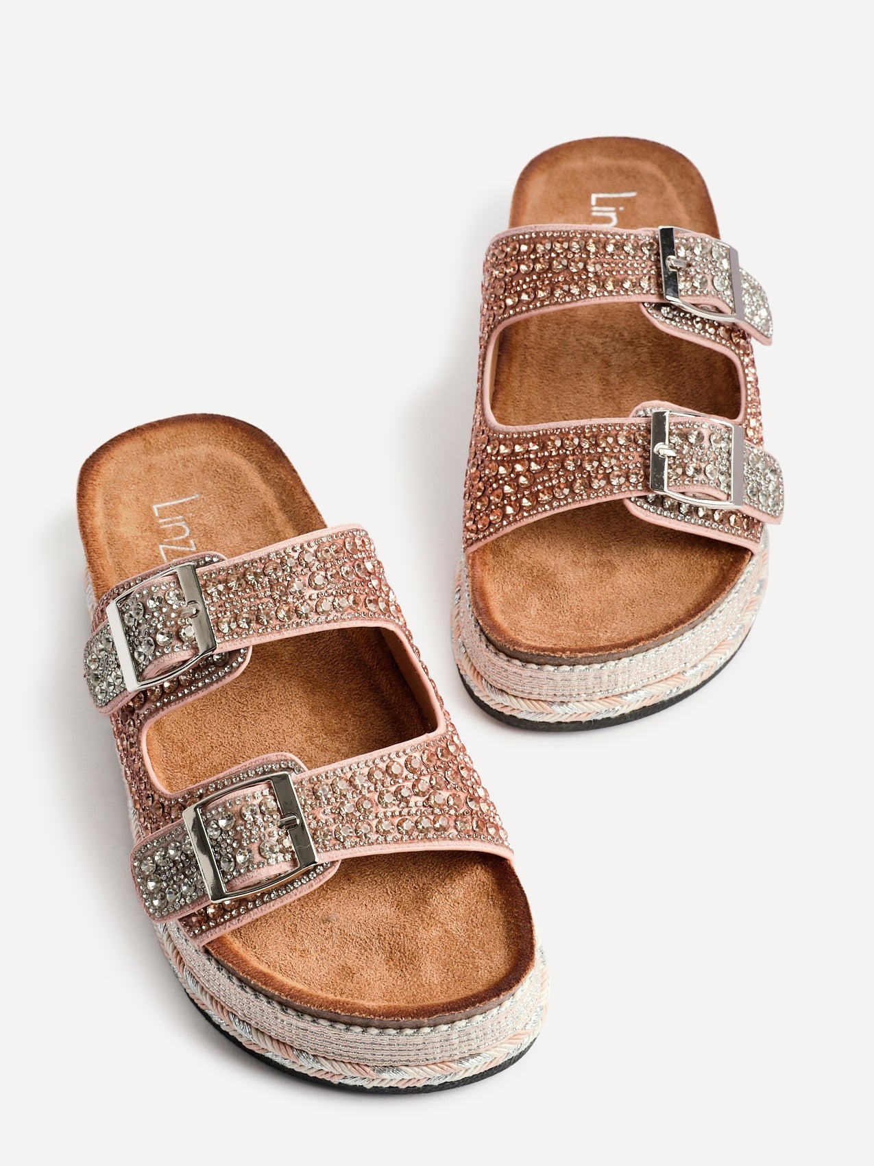Glitzy Rose Gold Diamante Flatform Slider Sandals
