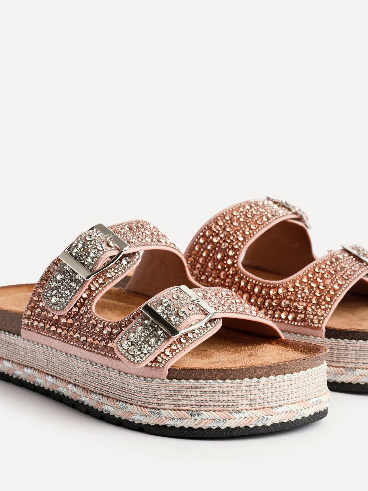 Glitzy Rose Gold Diamante Flatform Slider Sandals