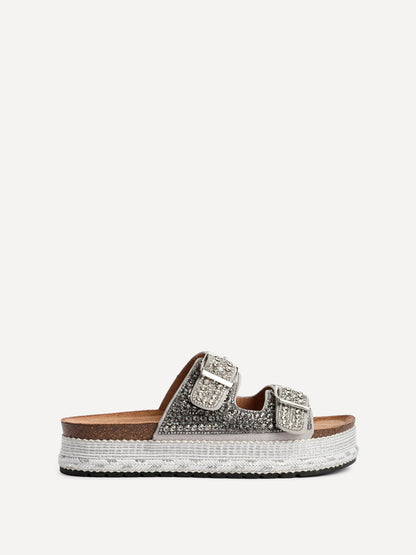 Glitzy Silver Diamante Flatform Slider Sandals