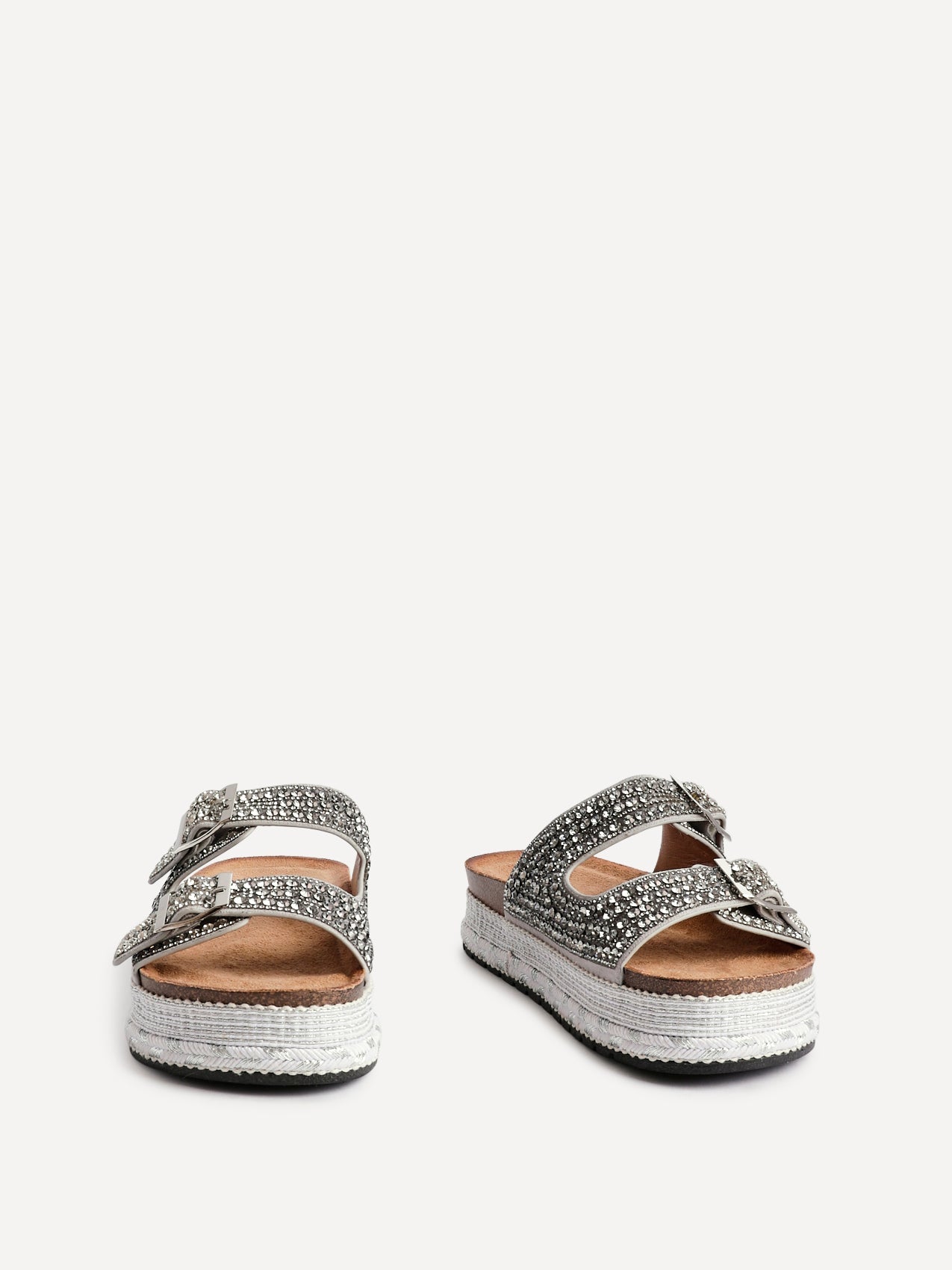 Glitzy Silver Diamante Flatform Slider Sandals