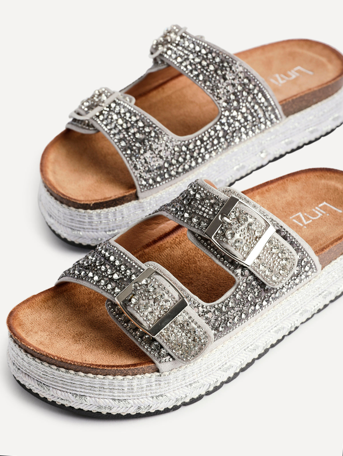 Glitzy Silver Diamante Flatform Slider Sandals