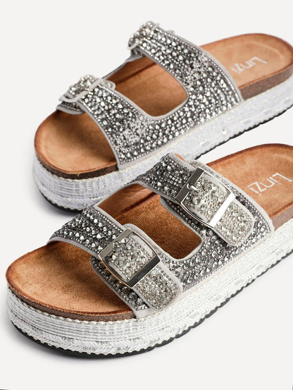 Glitzy Silver Diamante Flatform Slider Sandals