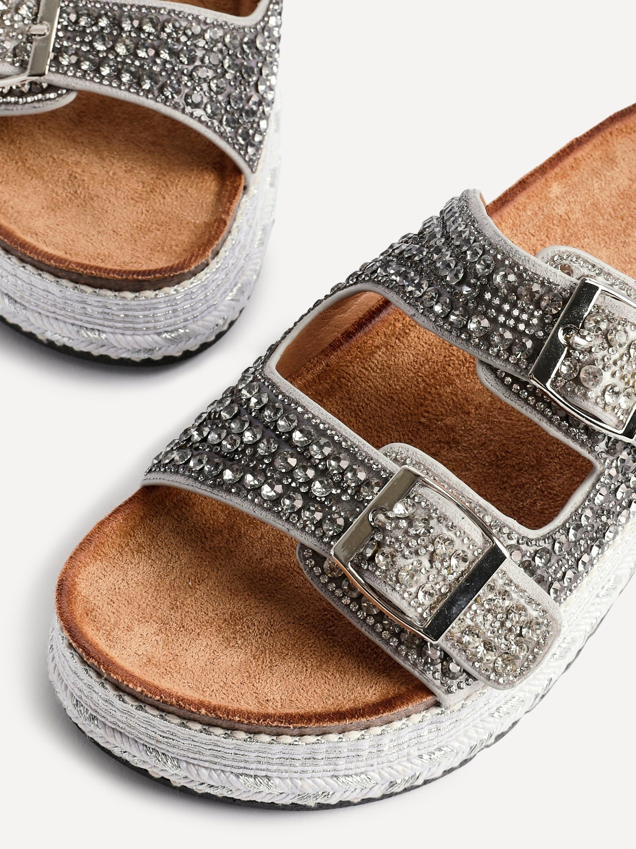 Glitzy Silver Diamante Flatform Slider Sandals