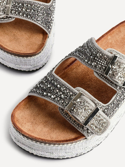 Glitzy Silver Diamante Flatform Slider Sandals