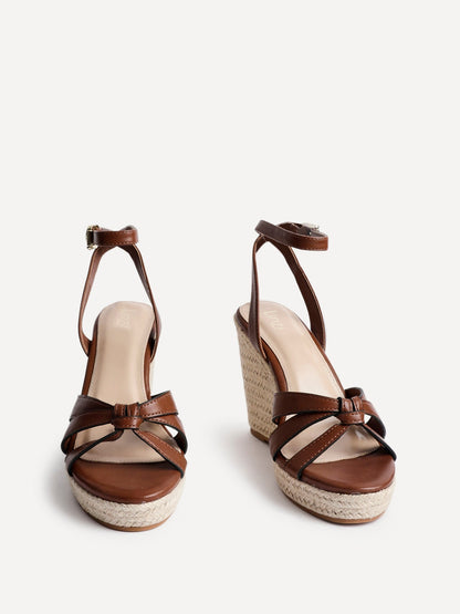 Goddess Brown Faux Leather Espadrille Wedges