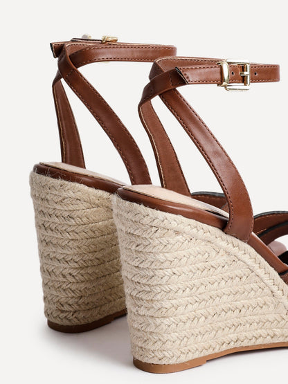 Goddess Brown Faux Leather Espadrille Wedges